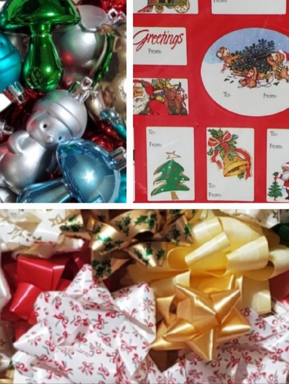 Assorted Holiday Decorations New Multi-Color Ornaments, Gift Tags & Bows